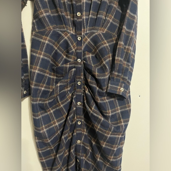 Lulu’s Seasonal Spirit Navy Blue Plaid Ruched Long Sleeve Midi Dress - Picture 5 of 5